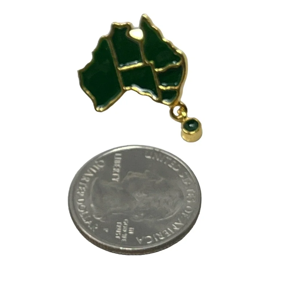 Australia Tasmania Map Brooch Green Enamel Gold Tone Tie Pin‎